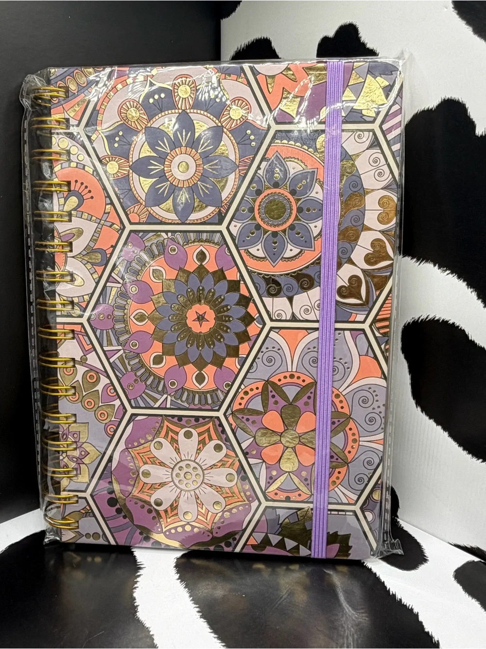 Floral Hexagon Spiral Notebook with Purple Elastic